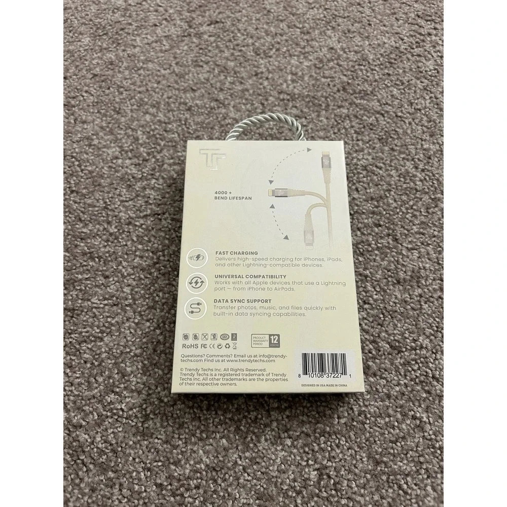Trendy Techs Lightning Cable Unisex‎ 4FT Silver NEW Braided Charge Sync Cord